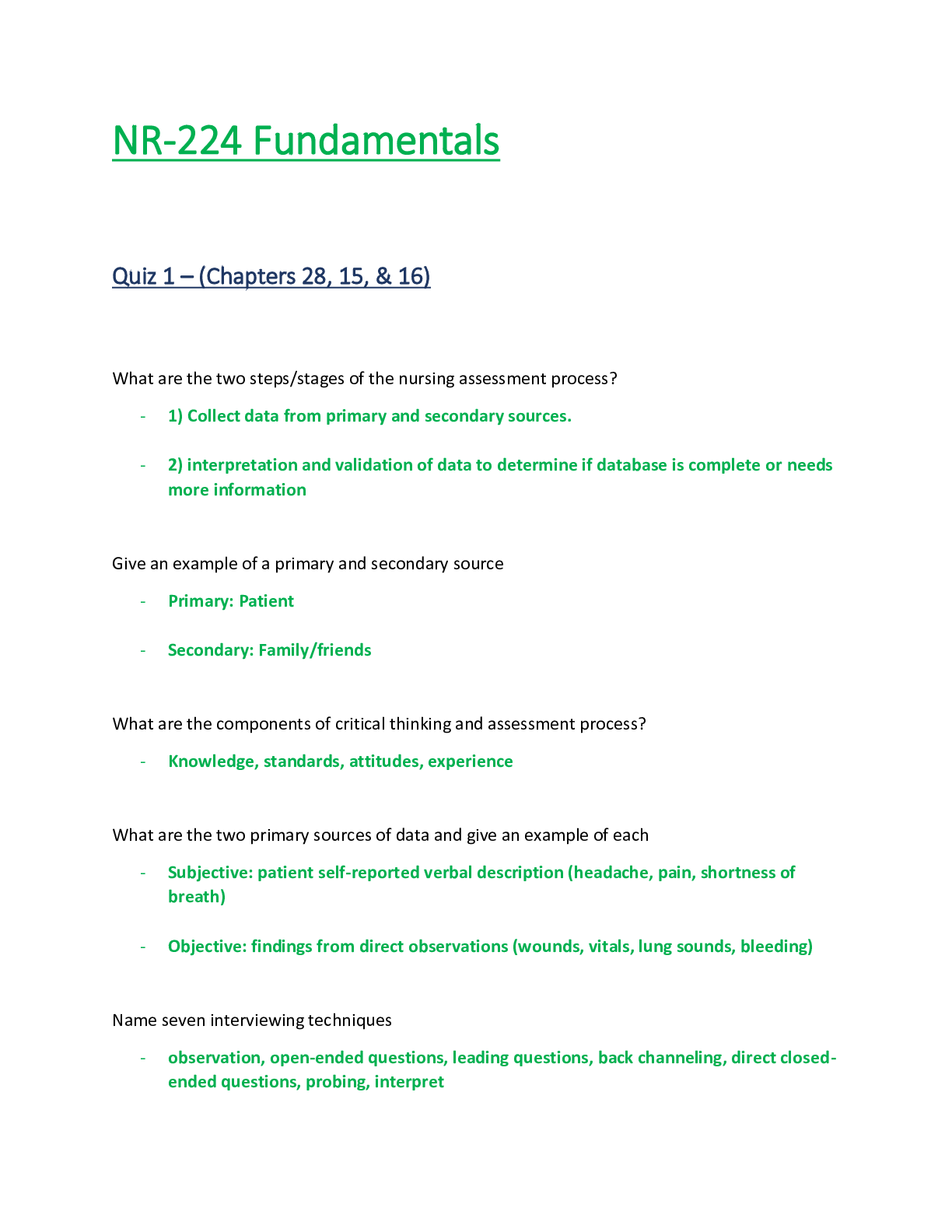 Preview of NR224 / NR 224 Quiz 1 (Latest Update) Fundamentals - Chamberlain